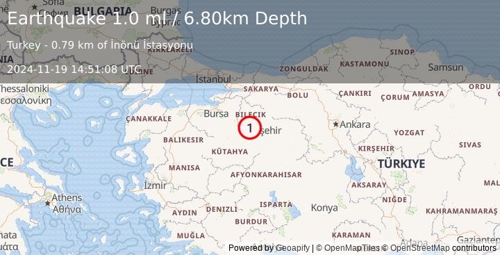 Earthquake WESTERN TURKEY (1.0 ml) (2024-11-19 14:51:08 UTC)