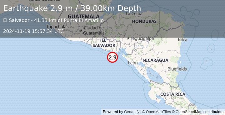 Earthquake OFFSHORE EL SALVADOR (2.9 m) (2024-11-19 15:57:34 UTC)