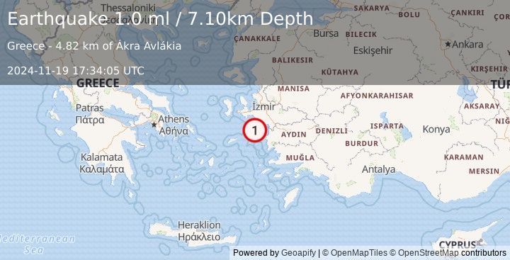 Earthquake DODECANESE ISLANDS, GREECE (1.0 ml) (2024-11-19 17:34:05 UTC)