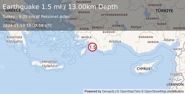 Earthquake DODECANESE IS.-TURKEY BORDER REG (1.5 ml) (2024-11-19 18:07:59 UTC)