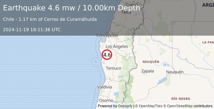 Earthquake ARAUCANIA, CHILE (4.6 mw) (2024-11-19 18:11:36 UTC)