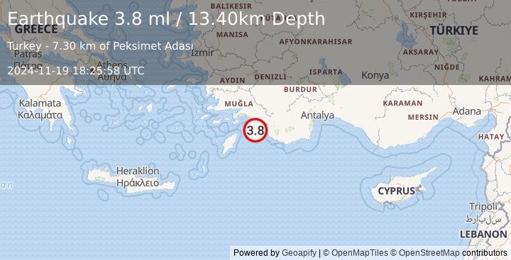 Earthquake DODECANESE IS.-TURKEY BORDER REG (3.8 ml) (2024-11-19 18:25:58 UTC)