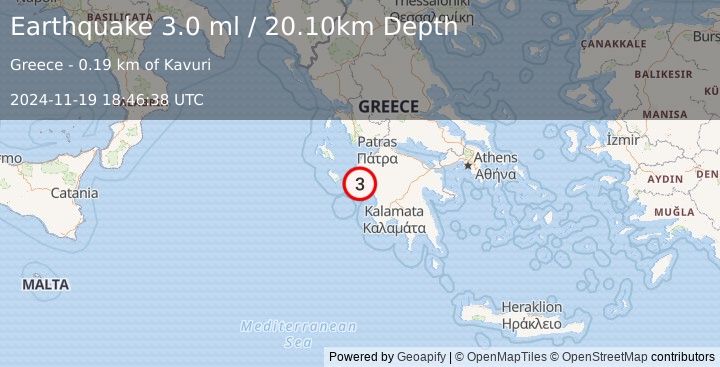 Earthquake SOUTHERN GREECE (3.0 ml) (2024-11-19 18:46:38 UTC)