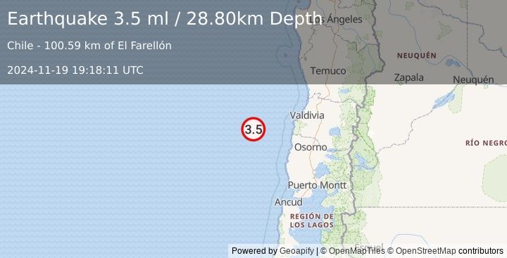 Earthquake OFF COAST OF LOS LAGOS, CHILE (3.5 ml) (2024-11-19 19:18:11 UTC)