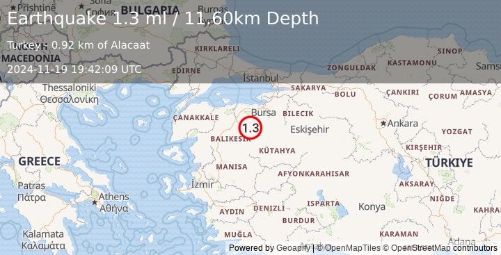 Earthquake WESTERN TURKEY (1.3 ml) (2024-11-19 19:42:09 UTC)