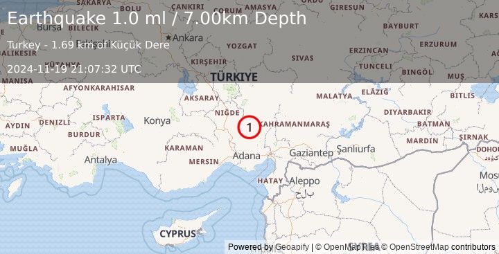 Earthquake CENTRAL TURKEY (1.0 ml) (2024-11-19 21:07:32 UTC)