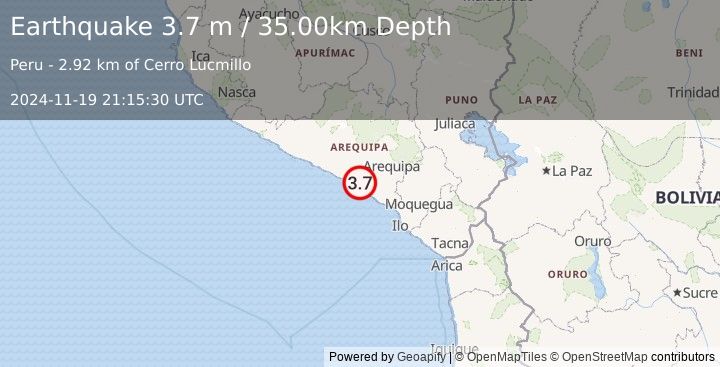 Earthquake NEAR COAST OF SOUTHERN PERU (3.7 m) (2024-11-19 21:15:30 UTC)