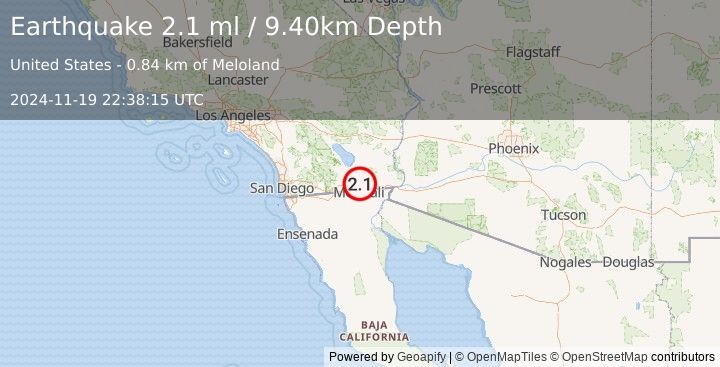 Earthquake SOUTHERN CALIFORNIA (2.1 ml) (2024-11-19 22:38:15 UTC)