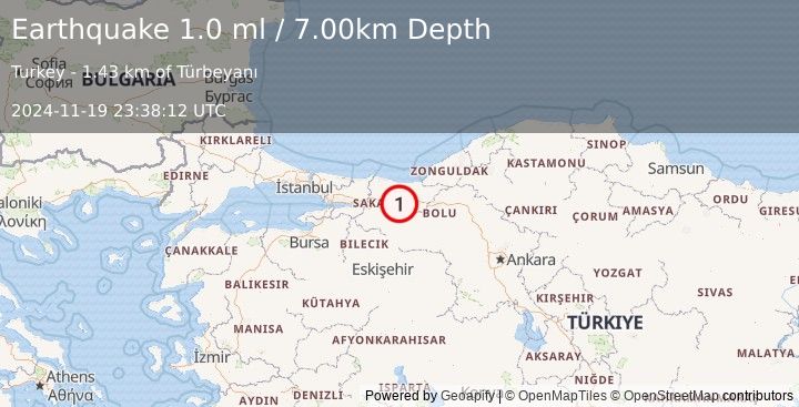 Earthquake WESTERN TURKEY (1.0 ml) (2024-11-19 23:38:12 UTC)