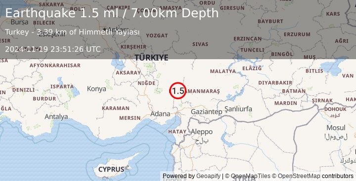 Earthquake CENTRAL TURKEY (1.5 ml) (2024-11-19 23:51:26 UTC)