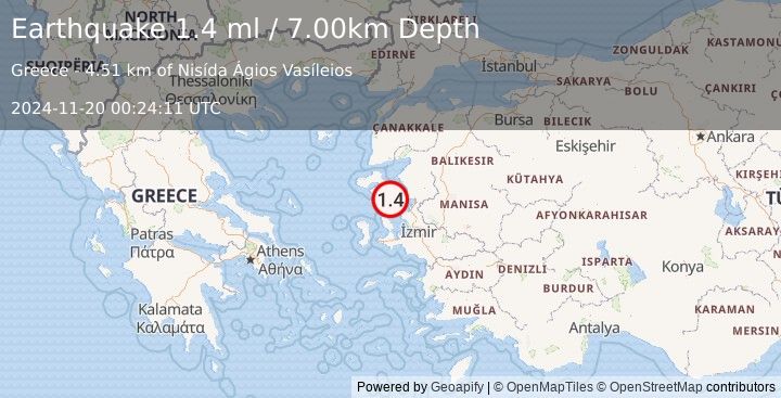 Earthquake NEAR THE COAST OF WESTERN TURKEY (1.4 ml) (2024-11-20 00:24:11 UTC)