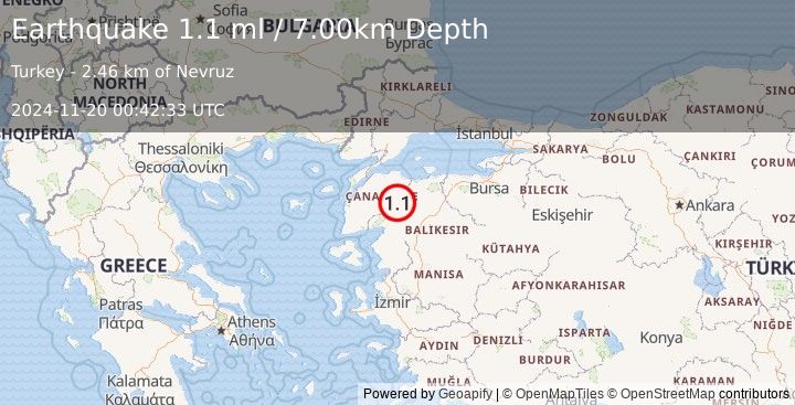 Earthquake WESTERN TURKEY (1.1 ml) (2024-11-20 00:42:33 UTC)