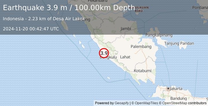 Earthquake SOUTHERN SUMATRA, INDONESIA (3.9 m) (2024-11-20 00:42:47 UTC)