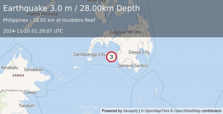 Earthquake MORO GULF, MINDANAO, PHILIPPINES (3.0 m) (2024-11-20 01:29:07 UTC)