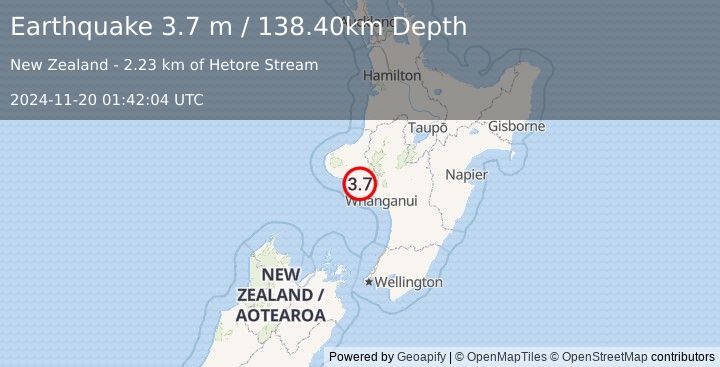 Earthquake NORTH ISLAND OF NEW ZEALAND (3.7 m) (2024-11-20 01:42:04 UTC)