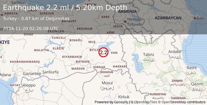 Earthquake EASTERN TURKEY (2.2 ml) (2024-11-20 02:26:08 UTC)