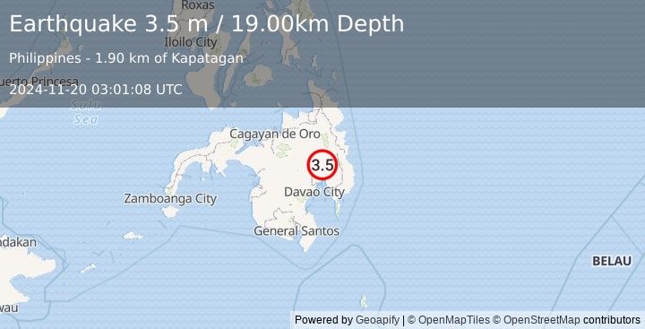 Earthquake MINDANAO, PHILIPPINES (3.5 m) (2024-11-20 03:01:08 UTC)