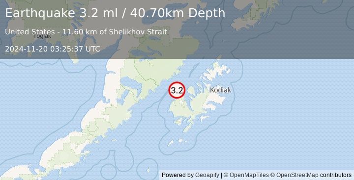 Earthquake KODIAK ISLAND REGION, ALASKA (3.2 ml) (2024-11-20 03:25:37 UTC)