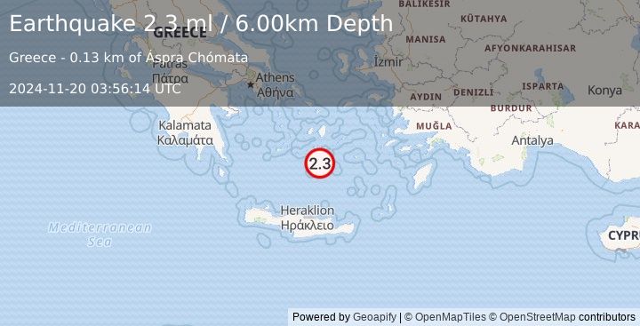 Earthquake DODECANESE ISLANDS, GREECE (2.3 ml) (2024-11-20 03:56:14 UTC)