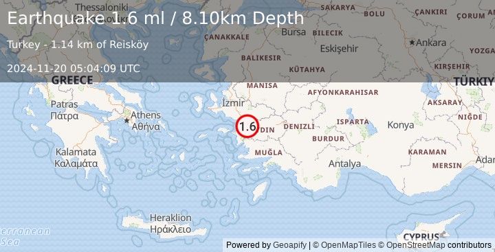 Earthquake WESTERN TURKEY (1.6 ml) (2024-11-20 05:04:09 UTC)