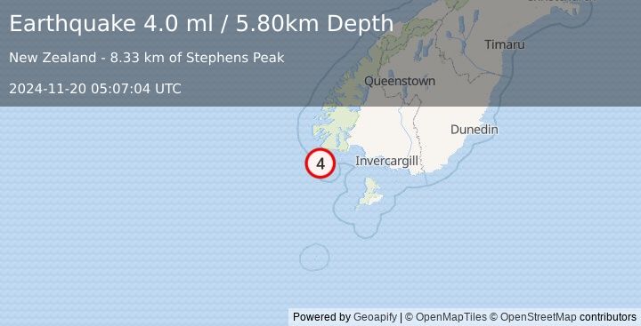 Earthquake OFF W. COAST OF S. ISLAND, N.Z. (4.0 ml) (2024-11-20 05:07:04 UTC)