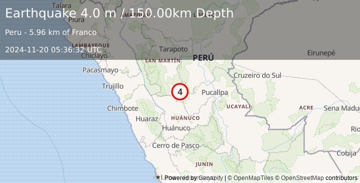 Earthquake CENTRAL PERU (4.0 m) (2024-11-20 05:36:32 UTC)