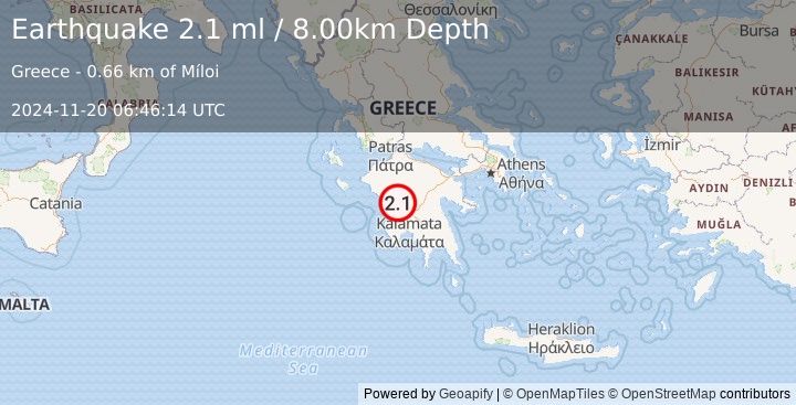 Earthquake SOUTHERN GREECE (2.1 ml) (2024-11-20 06:46:14 UTC)