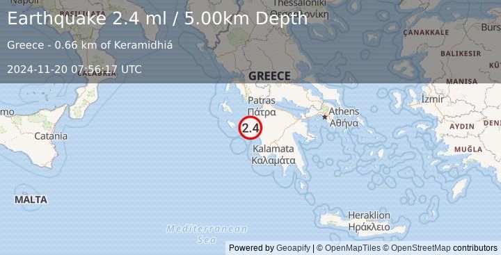 Earthquake SOUTHERN GREECE (2.4 ml) (2024-11-20 07:56:17 UTC)