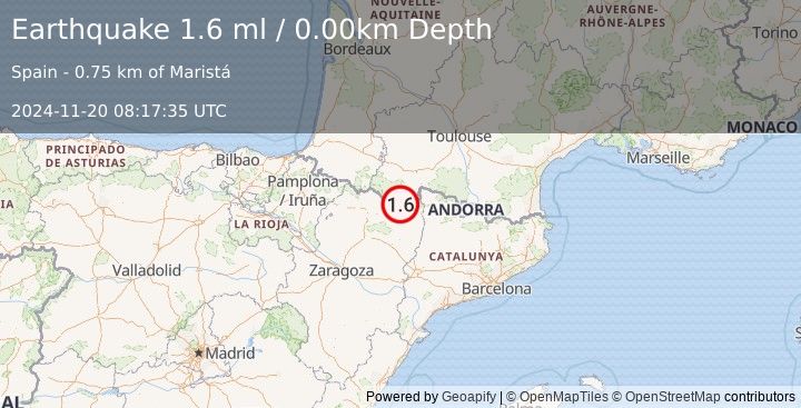 Earthquake PYRENEES (1.6 ml) (2024-11-20 08:17:35 UTC)