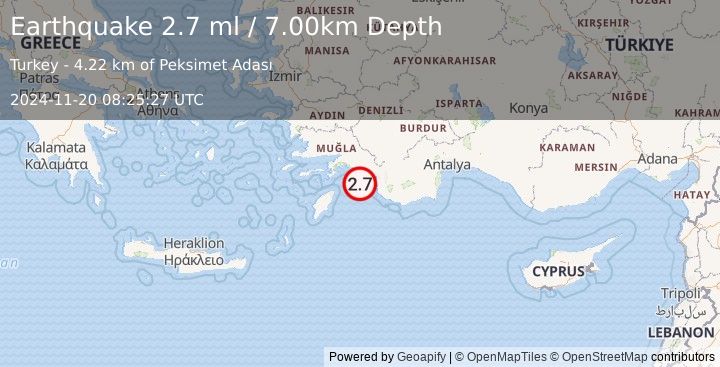 Earthquake DODECANESE IS.-TURKEY BORDER REG (2.7 ml) (2024-11-20 08:25:27 UTC)