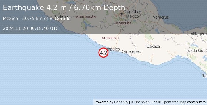 Earthquake OFFSHORE GUERRERO, MEXICO (4.2 m) (2024-11-20 09:15:40 UTC)