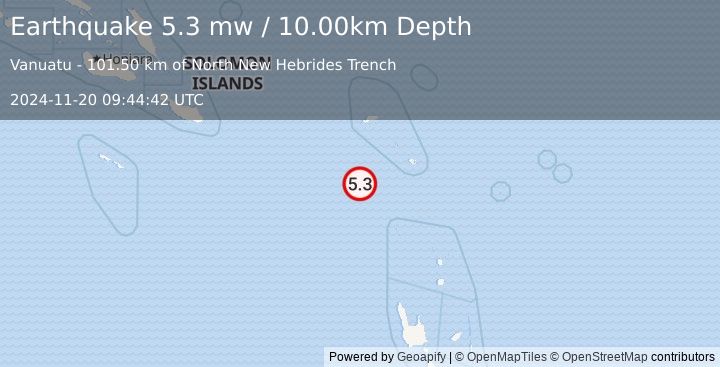 Earthquake SANTA CRUZ ISLANDS (5.3 mw) (2024-11-20 09:44:42 UTC)