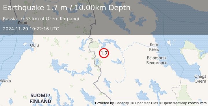 Earthquake FINLAND-RUSSIA BORDER REGION (1.7 m) (2024-11-20 10:22:16 UTC)