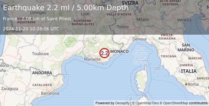 Earthquake NEAR SOUTH COAST OF FRANCE (2.2 ml) (2024-11-20 10:28:06 UTC)