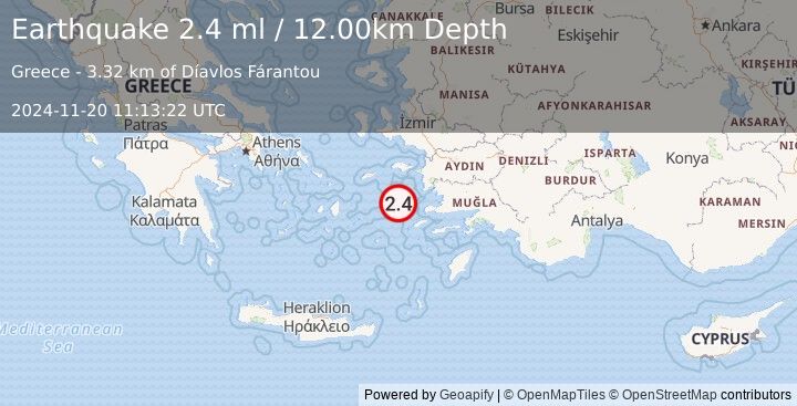 Earthquake DODECANESE ISLANDS, GREECE (2.4 ml) (2024-11-20 11:13:22 UTC)