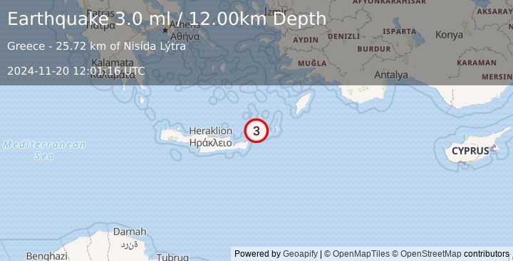 Earthquake CRETE, GREECE (3.0 ml) (2024-11-20 12:01:16 UTC)