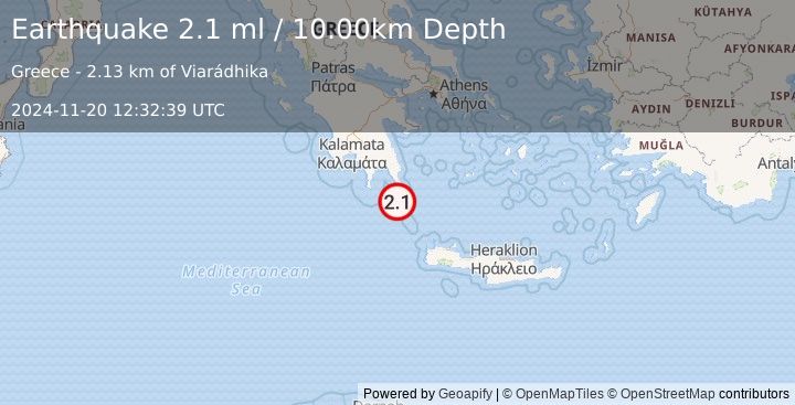 Earthquake SOUTHERN GREECE (2.1 ml) (2024-11-20 12:32:39 UTC)