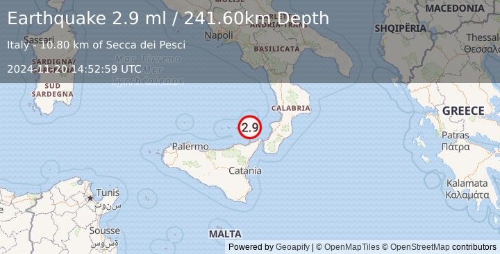 Earthquake SICILY, ITALY (2.9 ml) (2024-11-20 14:52:59 UTC)