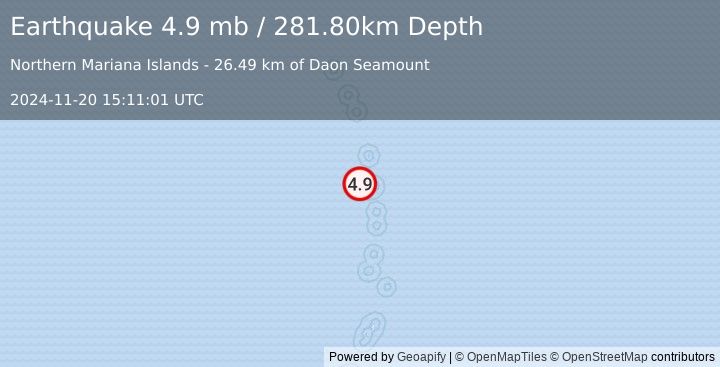 Earthquake PAGAN REG., N. MARIANA ISLANDS (4.9 mb) (2024-11-20 15:11:01 UTC)