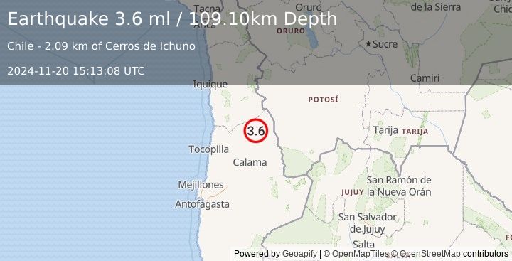 Earthquake ANTOFAGASTA, CHILE (3.6 ml) (2024-11-20 15:13:08 UTC)