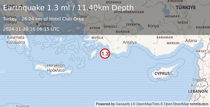 Earthquake DODECANESE IS.-TURKEY BORDER REG (1.3 ml) (2024-11-20 16:06:15 UTC)