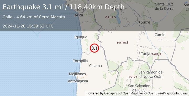 Earthquake TARAPACA, CHILE (3.1 ml) (2024-11-20 16:39:52 UTC)