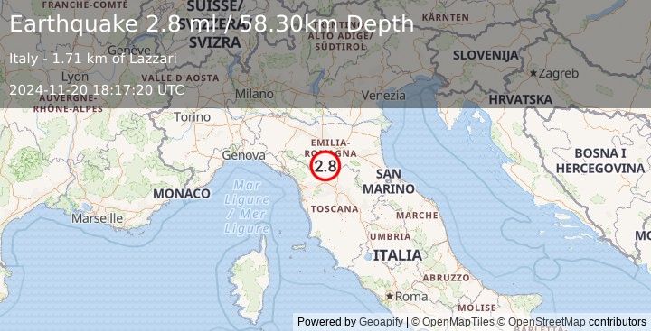 Earthquake NORTHERN ITALY (2.8 ml) (2024-11-20 18:17:20 UTC)