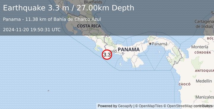 Earthquake PANAMA-COSTA RICA BORDER REGION (3.3 m) (2024-11-20 19:50:31 UTC)