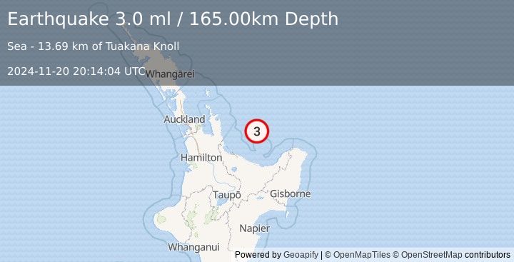 Earthquake NORTH ISLAND OF NEW ZEALAND (3.0 ml) (2024-11-20 20:14:04 UTC)