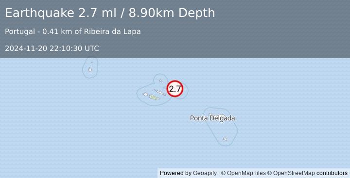 Earthquake AZORES ISLANDS, PORTUGAL (2.7 ml) (2024-11-20 22:10:30 UTC)