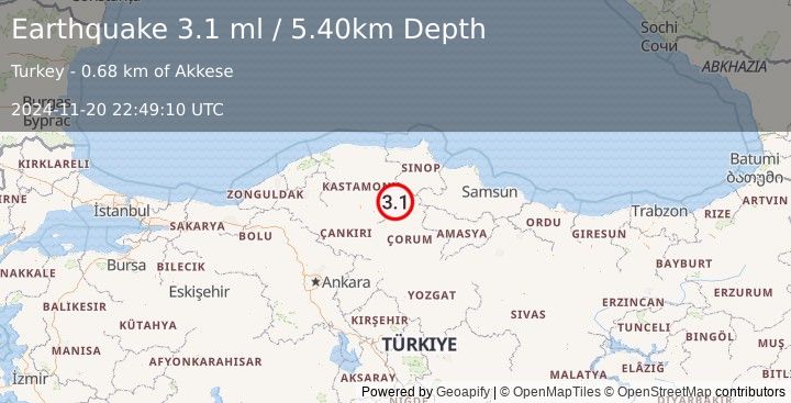 Earthquake CENTRAL TURKEY (3.1 ml) (2024-11-20 22:49:10 UTC)