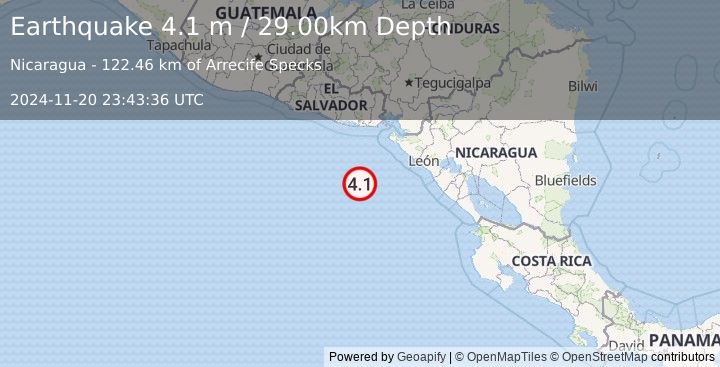 Earthquake OFF COAST OF CENTRAL AMERICA (4.1 m) (2024-11-20 23:43:36 UTC)