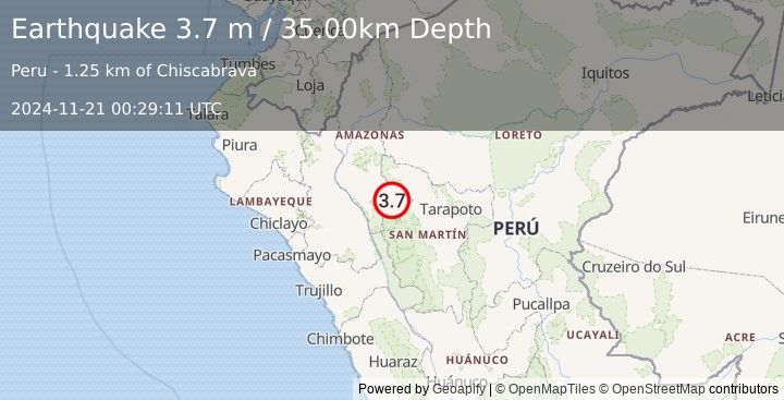 Earthquake NORTHERN PERU (3.7 m) (2024-11-21 00:29:11 UTC)