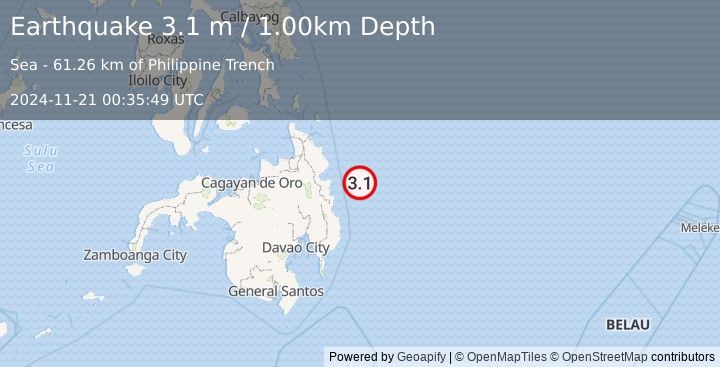 Earthquake PHILIPPINE ISLANDS REGION (3.1 m) (2024-11-21 00:35:49 UTC)